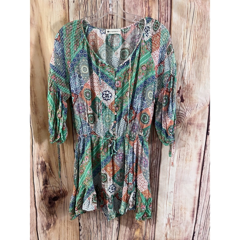 THE IMPECCABLE PIG Women Green Print Tie Sleeve Drawstring Waist Dress Sz Large